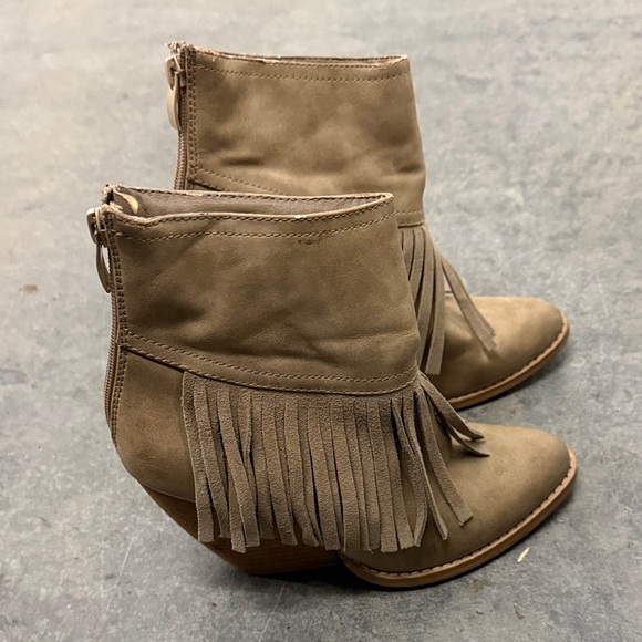 Very Volatile Tan Fringe Heeled Boots - Picture 2 of 5